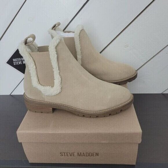 NWT Steve Madden Womens Leopold-F Tan Suede Fur Water Resistant Ankle Boots 6.5 - Picture 1 of 9